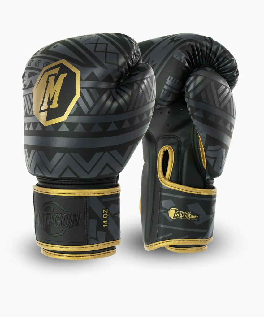 MADGON Maori Boxhandschuhe – Schwarz/Gold, PU-Leder, Unisex
