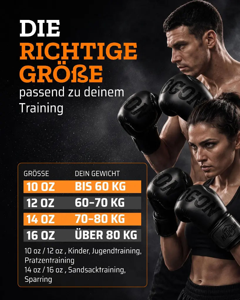 Größentabelle für MADGON Boxhandschuhe in Unzen (10 OZ, 12 OZ, 14 OZ, 16 OZ) basierend auf Körpergewicht und Trainingsart (Pratzentraining, Sandsack, Sparring)