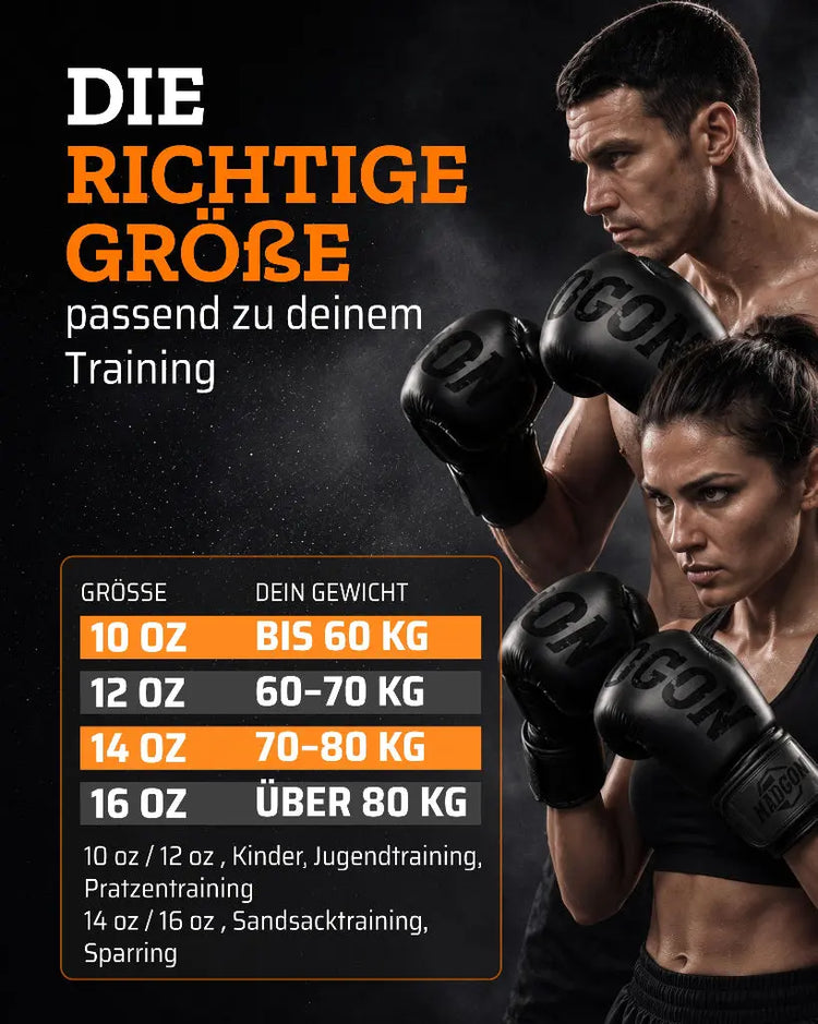 Größentabelle für MADGON Boxhandschuhe in Unzen (10 OZ, 12 OZ, 14 OZ, 16 OZ) basierend auf Körpergewicht und Trainingsart (Pratzentraining, Sandsack, Sparring)