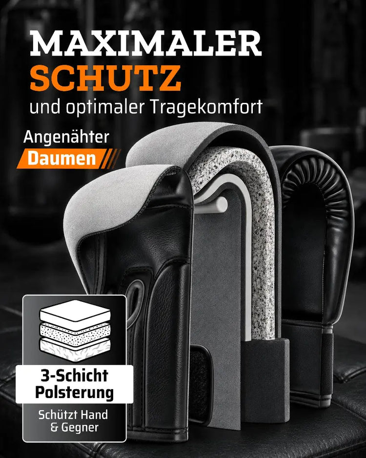 Querschnitt-Analyse der MADGON Boxhandschuhe zur Verdeutlichung der 3-Schicht-Polsterung, des angenähten Daumens und des Handgelenkschutzes