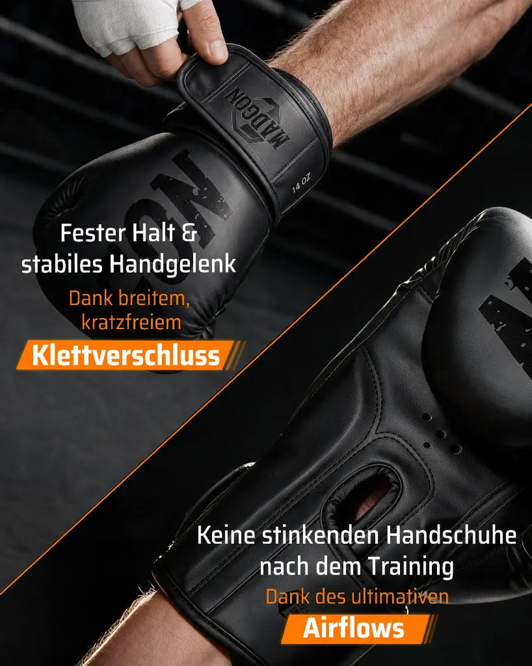 Detailansicht des breiten Klettverschlusses für stabilen Halt am Handgelenk und der Airflow-Belüftungslöcher an der Handinnenfläche der MADGON Boxhandschuhe