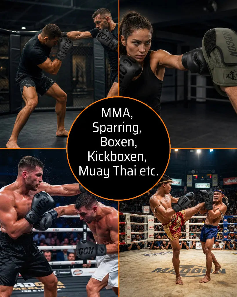 Collagen-Ansicht verschiedener Kampfsport-Anwendungen für MADGON Boxhandschuhe: Sparring, Pratzentraining, MMA, Kickboxen und Muay Thai