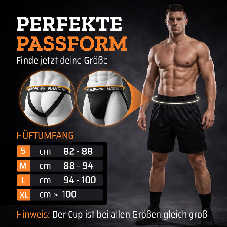 MADGON Tiefschutz Contaqt Größentabelle und Infografik zur perfekten Passform für Kampfsport und Boxen