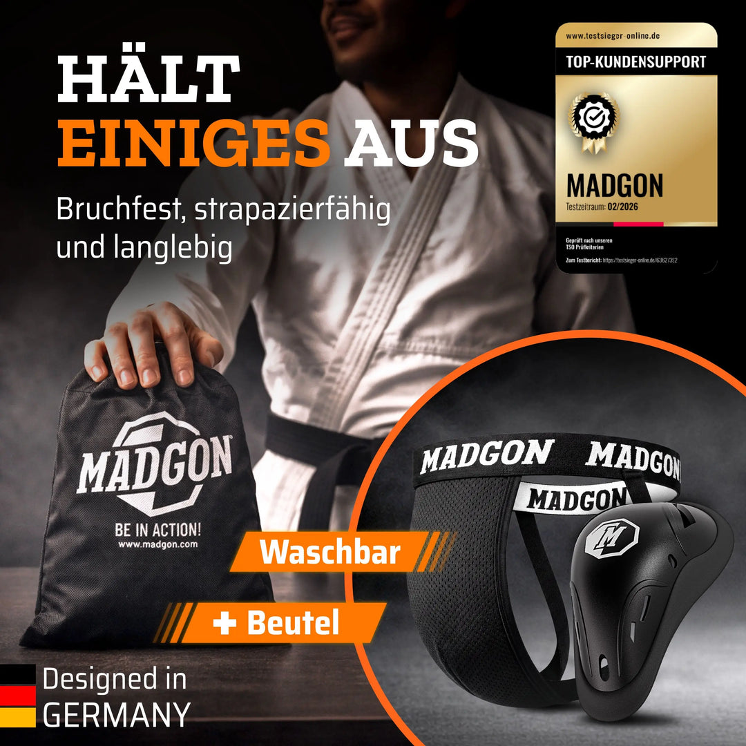 Langlebiger und bruchfester MADGON Tiefschutz Contaqt inklusive praktischem Waschbeutel für den Kampfsport
