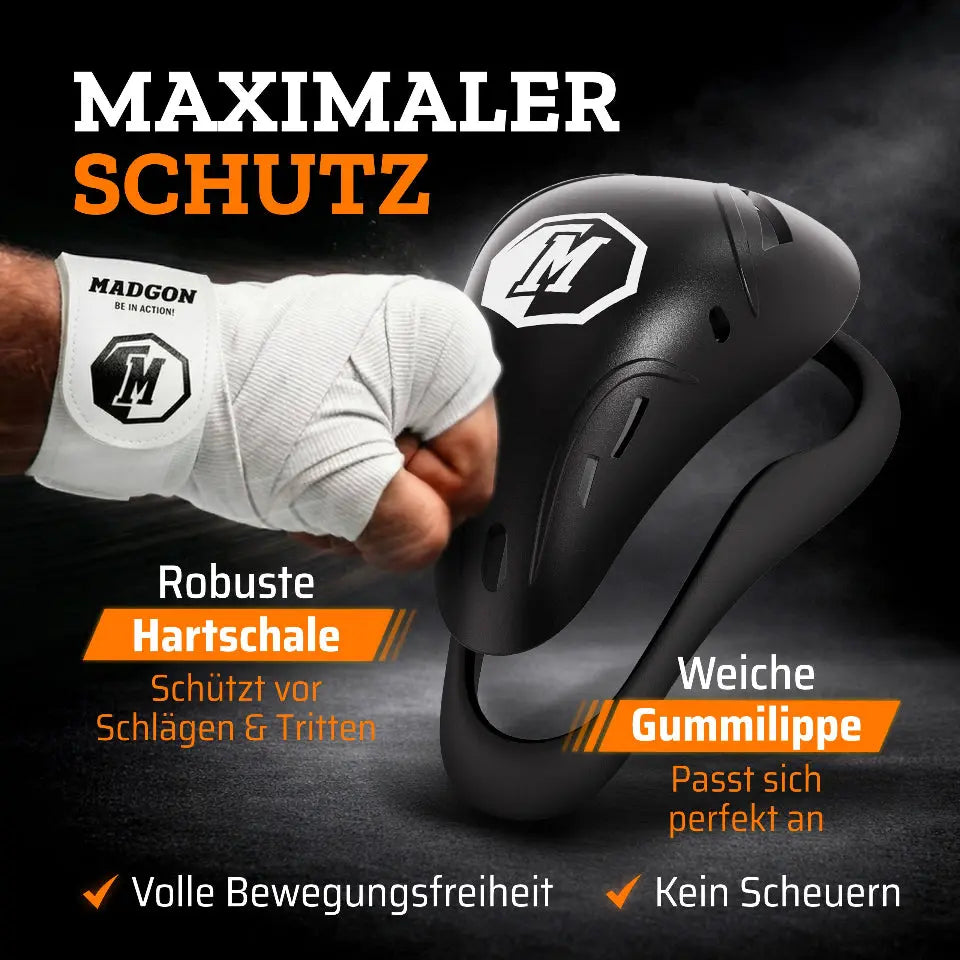 Infografik zum MADGON Tiefschutz Contaqt: Robuste Hartschale und weiche Gummilippe für maximalen Schutz beim Training