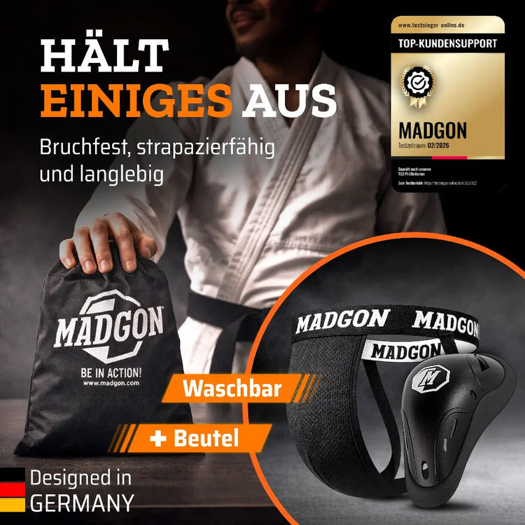 Langlebiger und bruchfester MADGON Tiefschutz Contaqt inklusive praktischem Waschbeutel für den Kampfsport