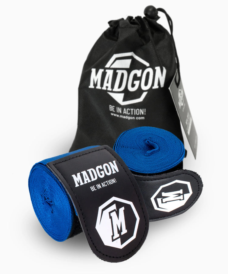 MADGON Boxbandagen blau in 3m 3,8m 4,5m für Männer und Frauen - Bandagen Boxen für Kickboxen, MMA, Boxer & Sparring mit Beutel