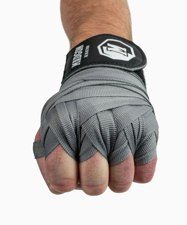 MADGON Boxbandagen grau in 3m 3,8m 4,5m für Männer und Frauen - Bandagen Boxen für Kickboxen, MMA, Boxer & Sparring mit Beutel