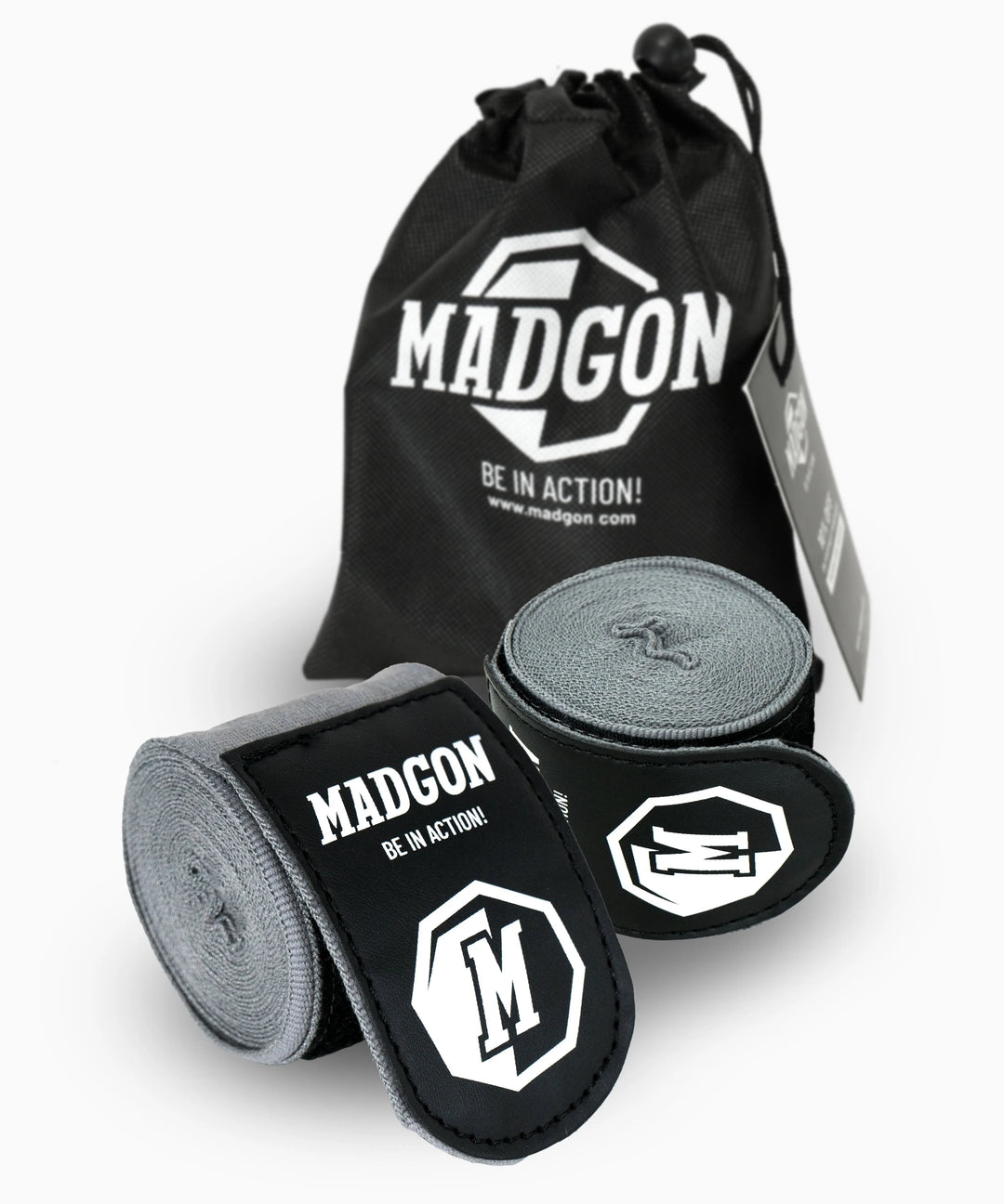 MADGON Boxbandagen grau in 3m 3,8m 4,5m für Männer und Frauen - Bandagen Boxen für Kickboxen, MMA, Boxer & Sparring mit Beutel