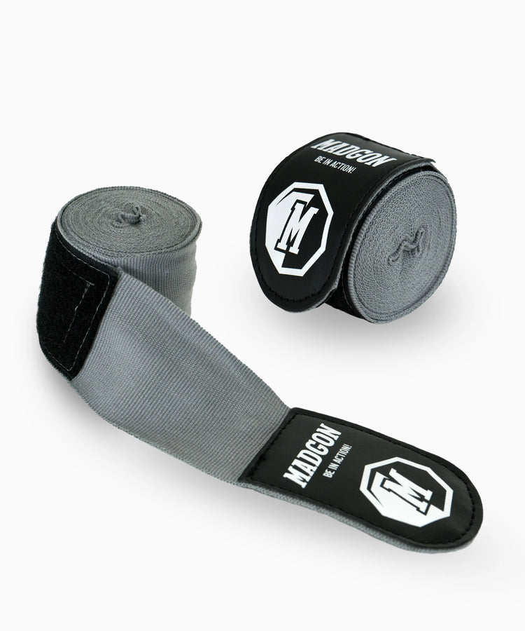 MADGON Boxbandagen grau in 3m 3,8m 4,5m für Männer und Frauen - Bandagen Boxen für Kickboxen, MMA, Boxer & Sparring mit Beutel