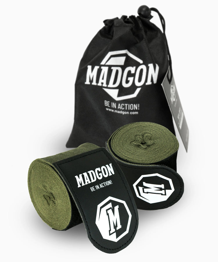 MADGON Boxbandagen olive in 3m 3,8m 4,5m für Männer und Frauen - Bandagen Boxen für Kickboxen, MMA, Boxer & Sparring mit Beutel
