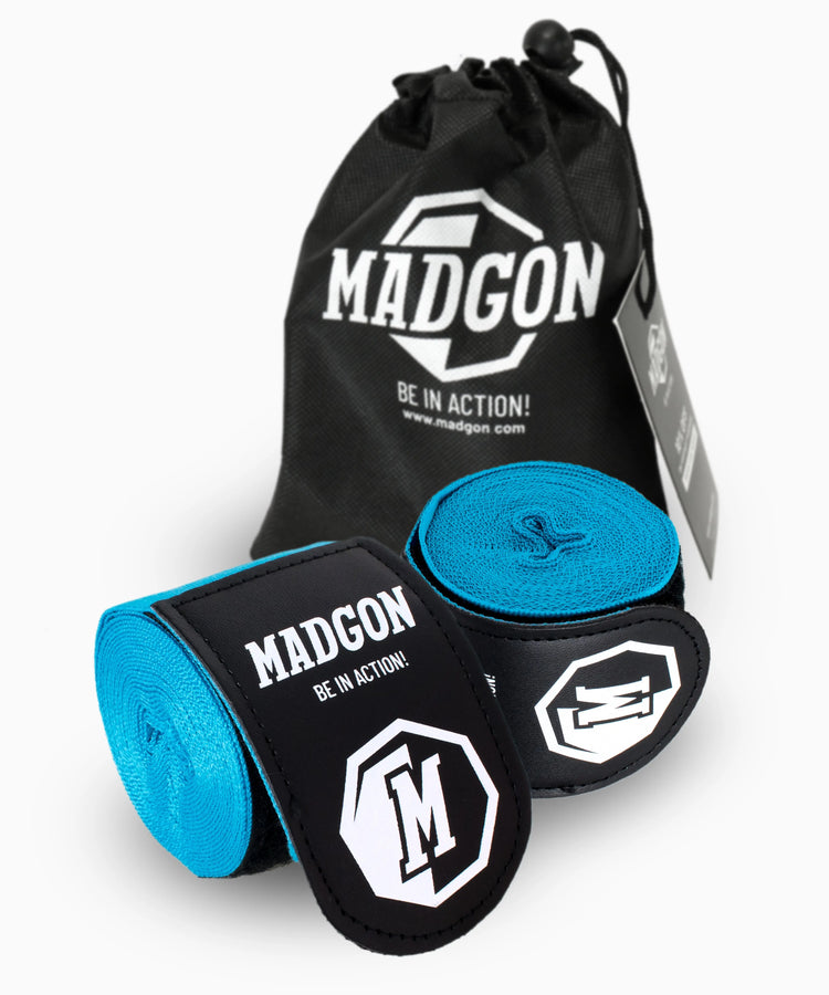 MADGON Boxbandagen skyblue in 3m 3,8m 4,5m für Männer und Frauen - Bandagen Boxen für Kickboxen, MMA, Boxer & Sparring mit Beutel