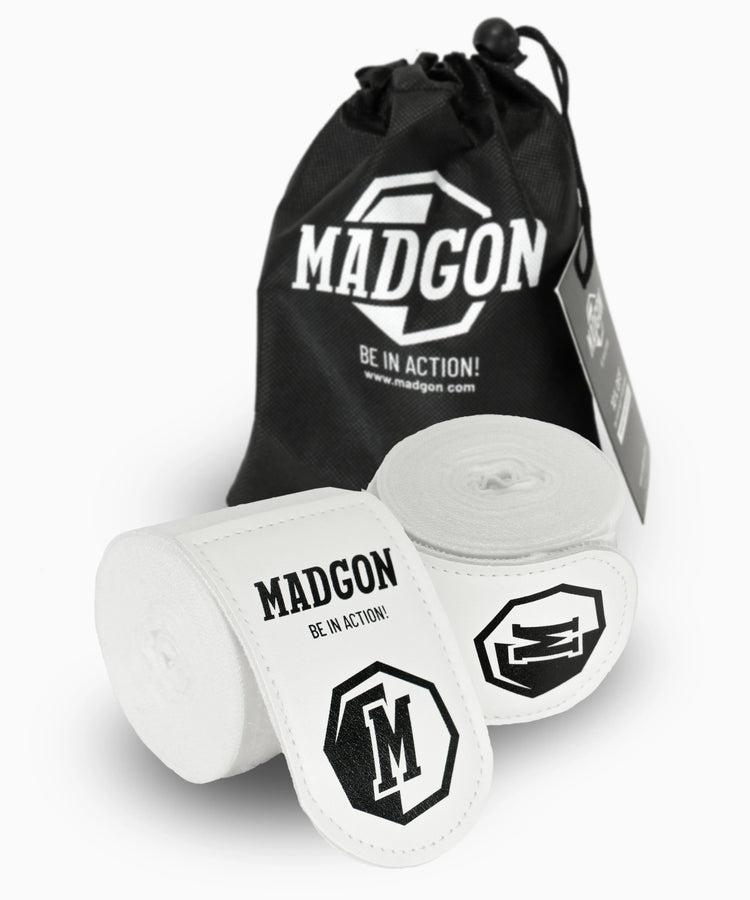 MADGON Boxbandagen weiss in 3m 3,8m 4,5m für Männer und Frauen - Bandagen Boxen für Kickboxen, MMA, Boxer & Sparring mit Beutel