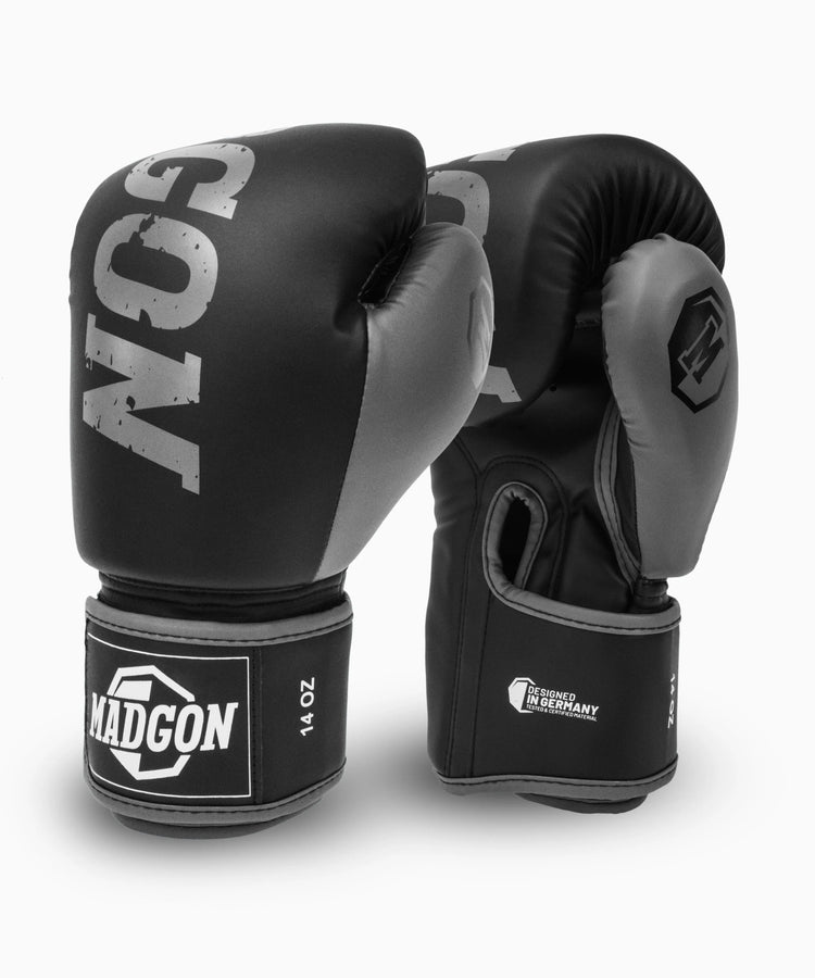 MADGON Premium Boxhandschuhe grau, Männer und Frauen Kickboxhandschuhe für Kampfsport, MMA, Sparring, Muay Thai und Boxen 10 12 14 16 oz